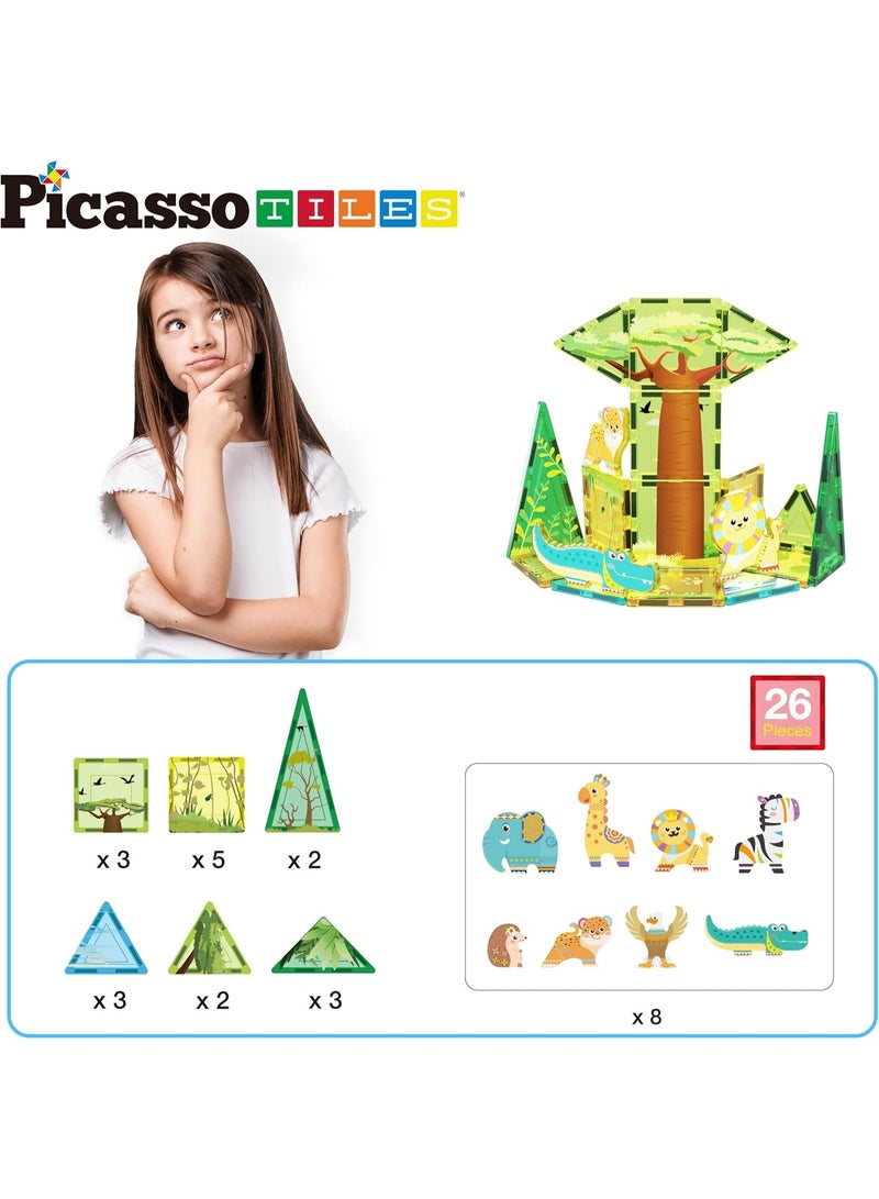 PicassoTiles مجموعة بلاط بيكاسو المغناطيسية سفاري 26 قطعة | متوافقة مع بلاط المغناطيس | كتل بناء | ألعاب STEM | مجموعة ألعاب تعليمية | كتل تكديس | مجموعة بناء للأطفال لتطوير الدماغ - Image 2