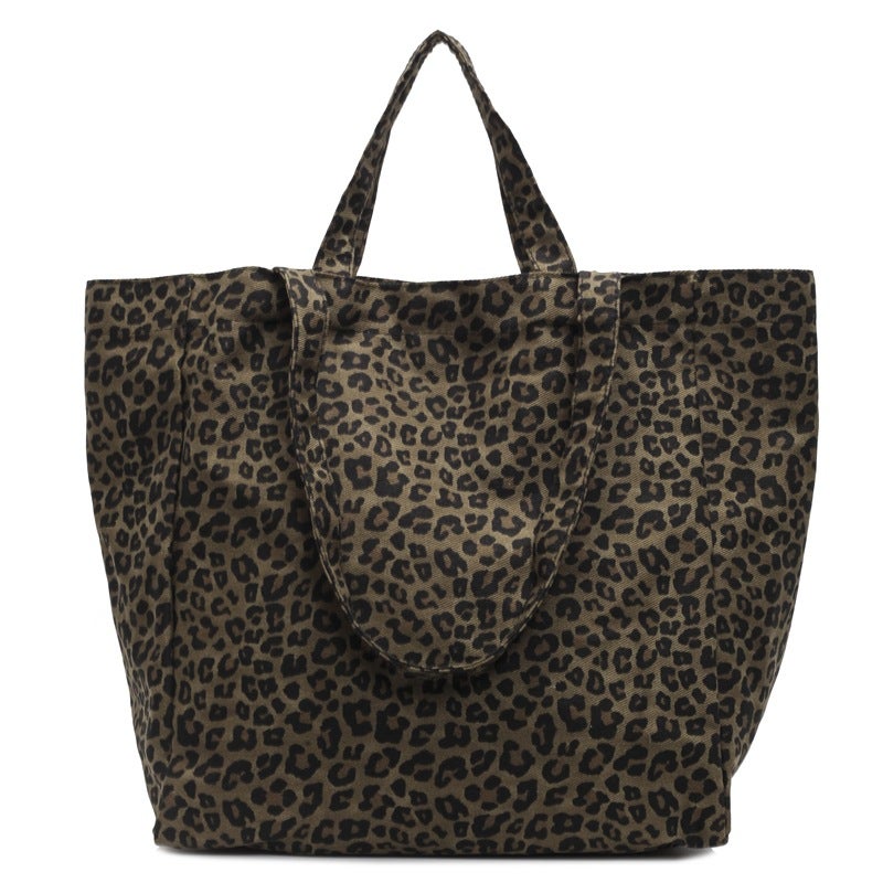 Leopard Print Canvas Tote Bag Women'S Large Capacity Bag Trendy Satchel Commuter Bag Versatile Shoulder Mommy Bag