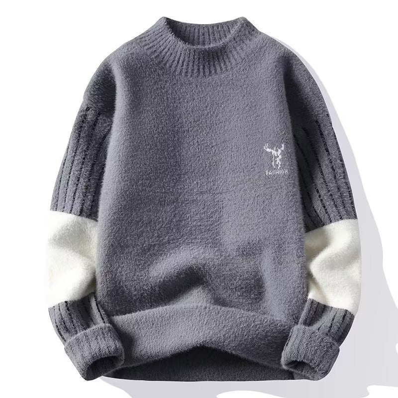 Mens Winter Sweater Fleece-Lined Thick Knitwear Gray  - Image 1