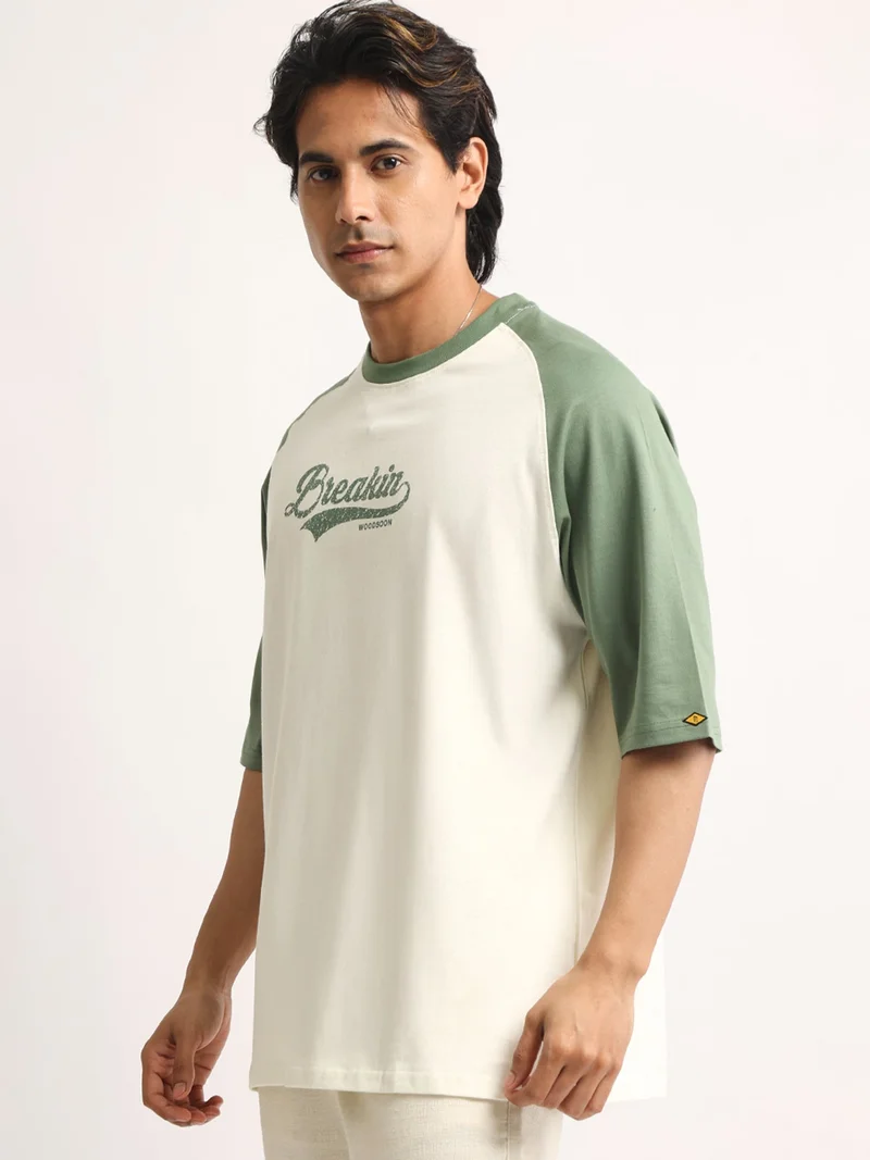 مانياك Maniac Mens Printed Round Neck Raglan Half Sleeve Biscuit and Brown Cotton Tshirt