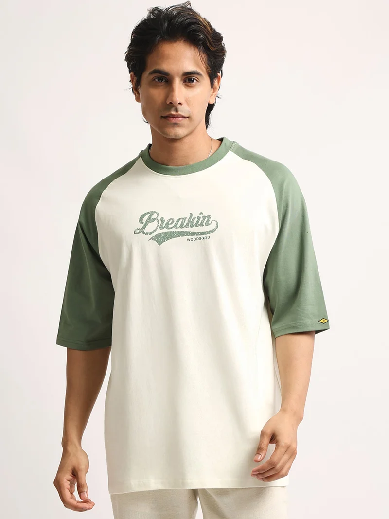 Maniac  Maniac Mens Printed Round Neck Raglan Half Sleeve Biscuit and Brown Cotton Tshirt for Men | Best Price UAE