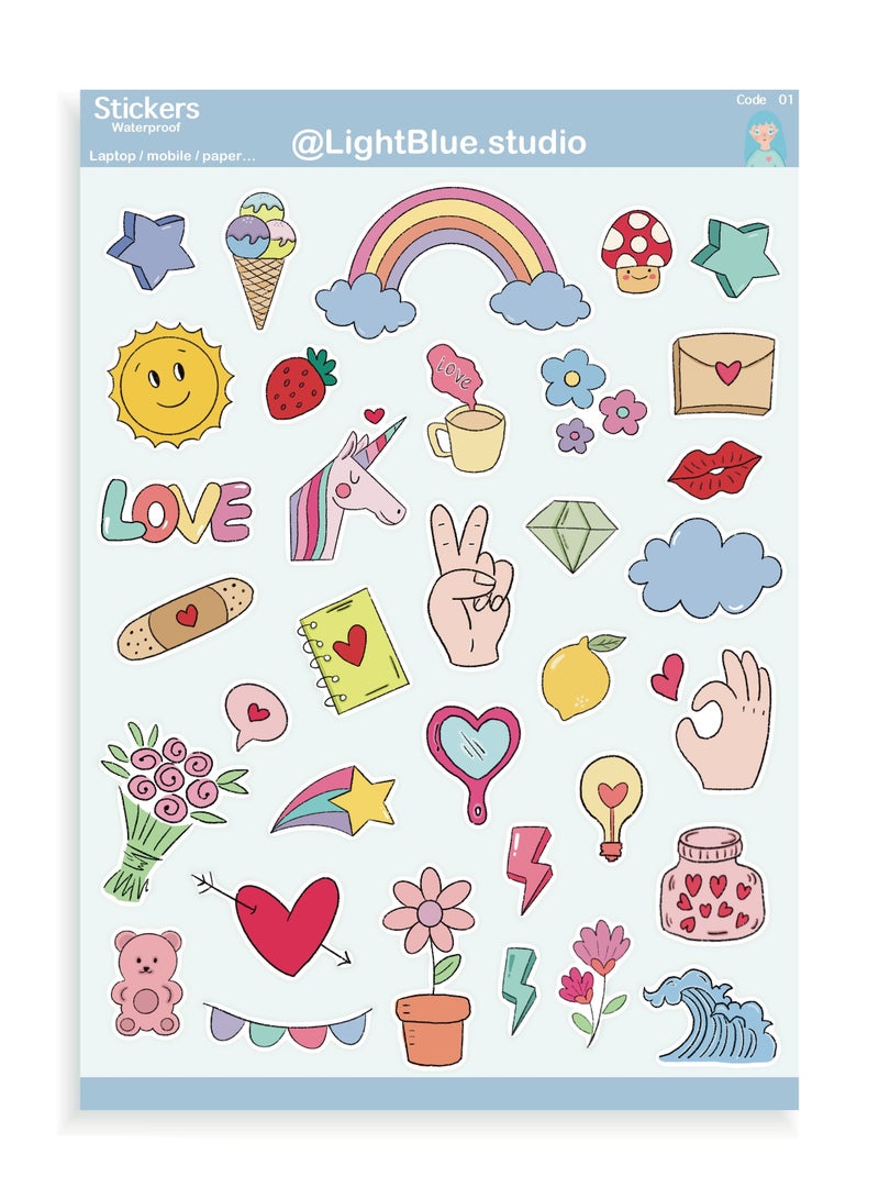 Boomah Accessories Set of 35- Pieces of Cute Love Unicorn Waterproof Vinyl Stickers , Laptop Vinyl Stickers , Mobile Vinyl Stickers, Vinyl Stickers for Skateboard Guitar Travel Case Graffiti Vinyl Stickers Door Luggage Car Bike Bicycle for Kids Teens Girls , Adults, nursery, A5 size