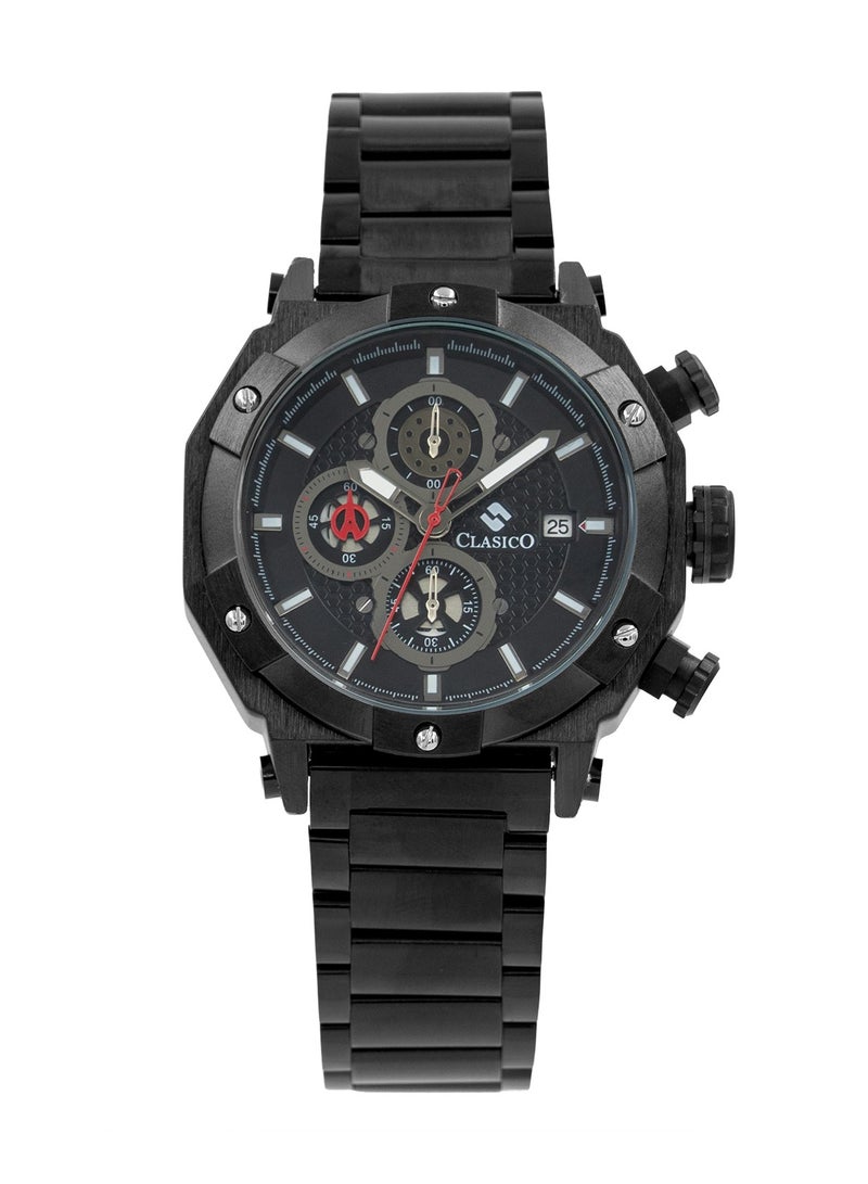 Clasico Vortex 6-Hands Chronograph Watch – Stealth Black Octagon Chronograph Edition with Steel Bracelet – Elite Y121 Calibre Movement – Waterproof Design  - Image 1