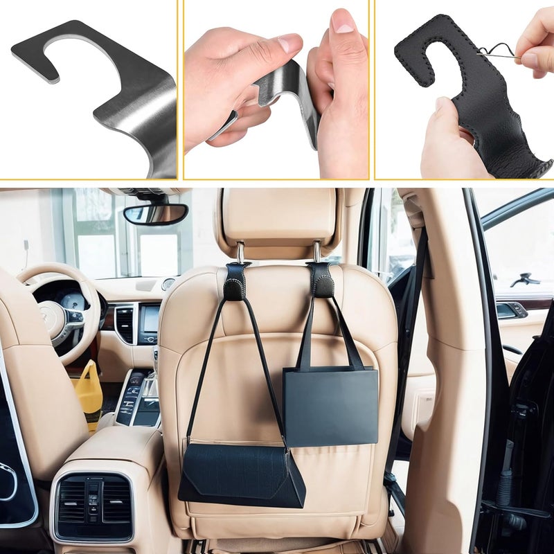 EldHus Headrest Hooks for Purses and Bags, 2 Pack Car Seat Hooks for Grocery Bag Handbag, Metal Car Purse Holder Covered by Leather, Black - Image 5