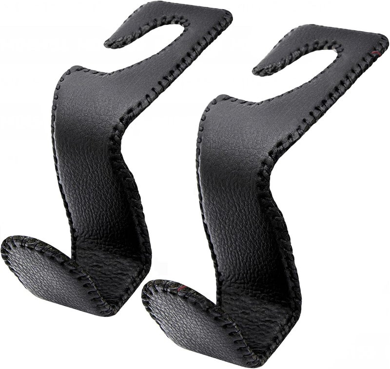 EldHus Headrest Hooks for Purses and Bags, 2 Pack Car Seat Hooks for Grocery Bag Handbag, Metal Car Purse Holder Covered by Leather, Black - Image 1