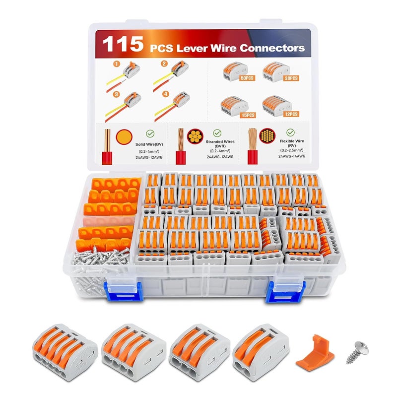 Nilight 115PCS Lever Wire Connectors Nuts Kit 28-12AWG Inline Electrical Terminal 2 3 4 5 Port Assortment Quick Disconnect Push in Wires Connectors for Solid Stranded Wiring Projects - Image 1