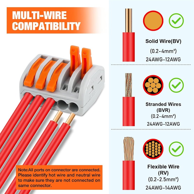 Nilight 115PCS Lever Wire Connectors Nuts Kit 28-12AWG Inline Electrical Terminal 2 3 4 5 Port Assortment Quick Disconnect Push in Wires Connectors for Solid Stranded Wiring Projects - Image 2