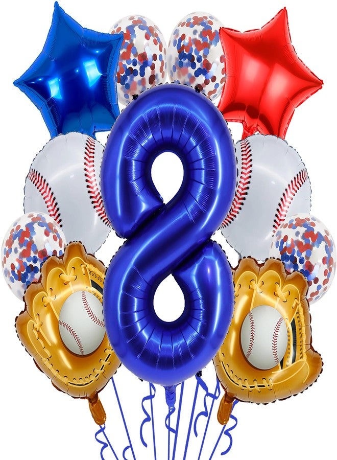 HEPAPATE Baseball Birthday Party Balloons, 32 Inch Navy Blue Foil Number 8 Balloon, Baseball Glove Foil Balloon, Red Blue Star Confetti Balloon for 8th Birthday Sports Theme Party Supplies - Image 1