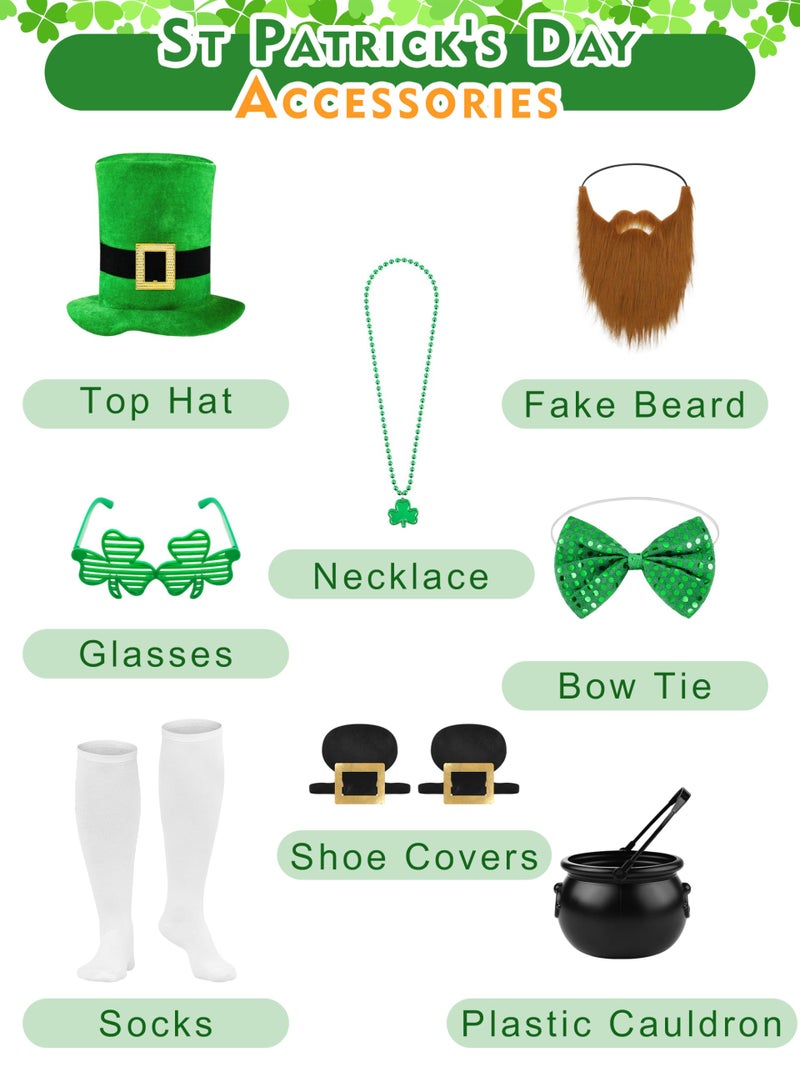 SOMSOC 10 Pieces Men's St Patrick's Day Costume with Shamrock Accessories Clover Glasses Top Hat for Adult Irish Party - Image 2