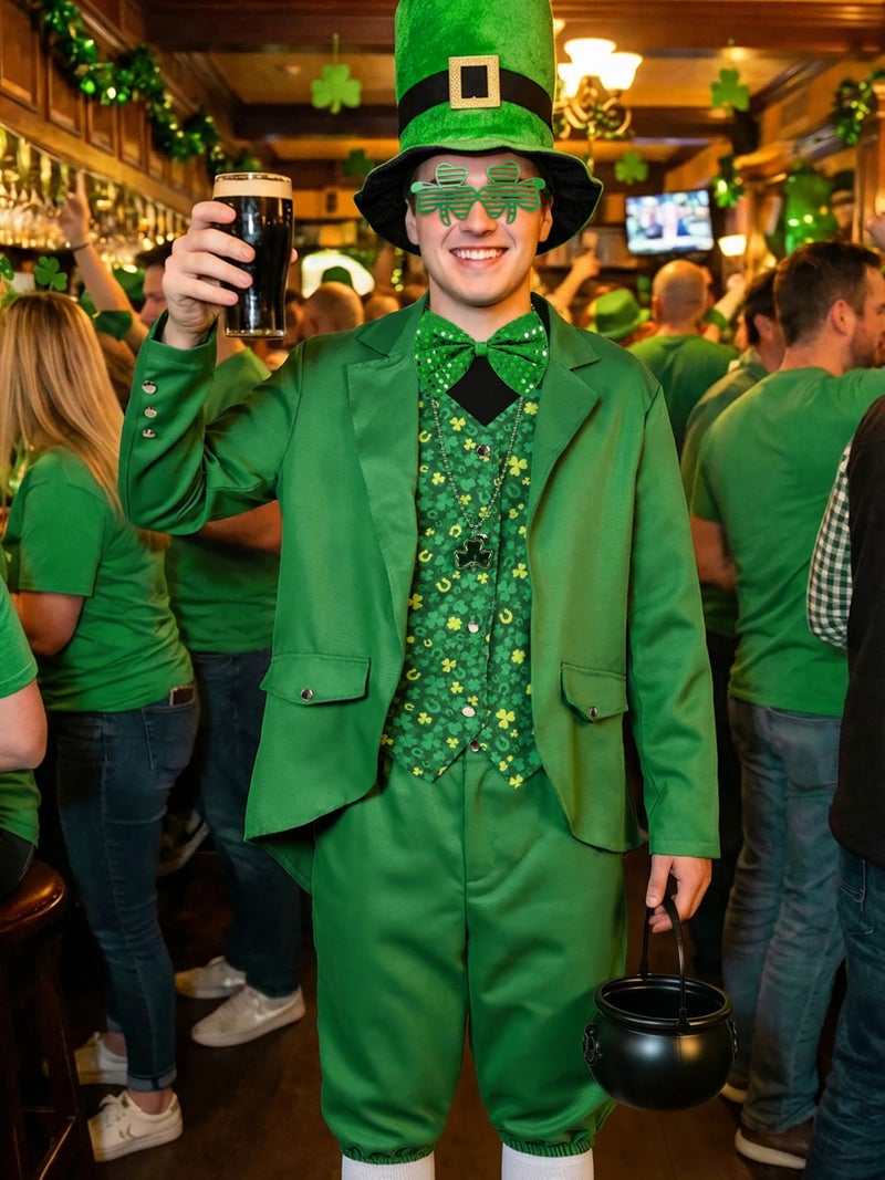 SOMSOC 10 Pieces Men's St Patrick's Day Costume with Shamrock Accessories Clover Glasses Top Hat for Adult Irish Party - Image 5