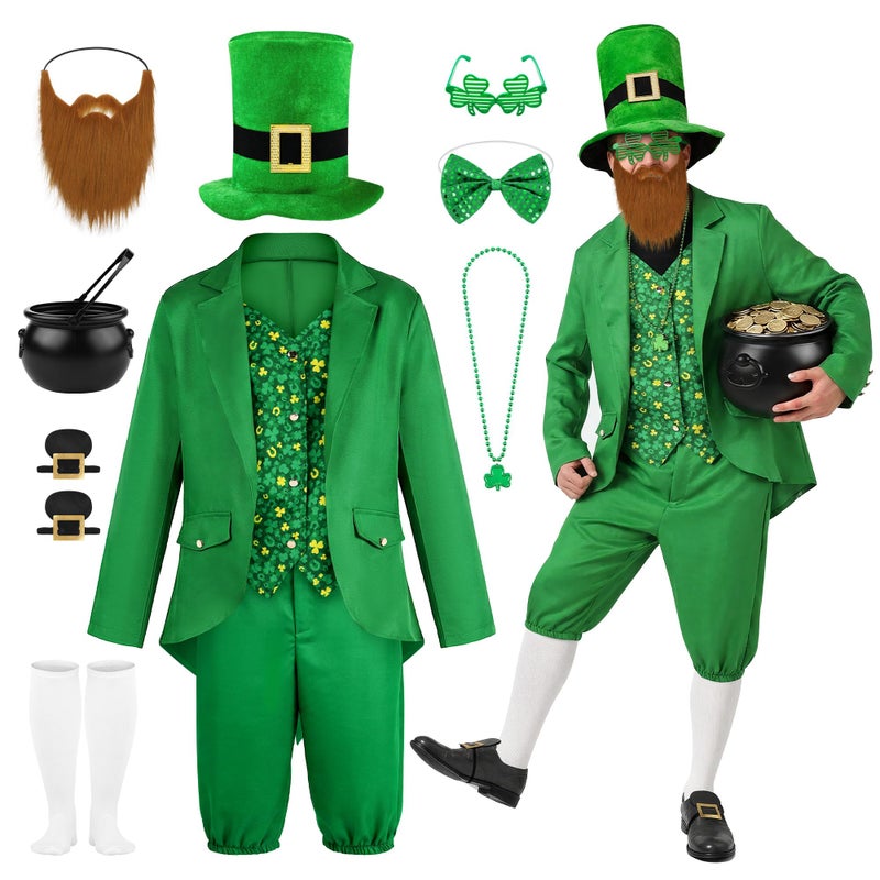 SOMSOC 10 Pieces Men's St Patrick's Day Costume with Shamrock Accessories Clover Glasses Top Hat for Adult Irish Party - Image 1