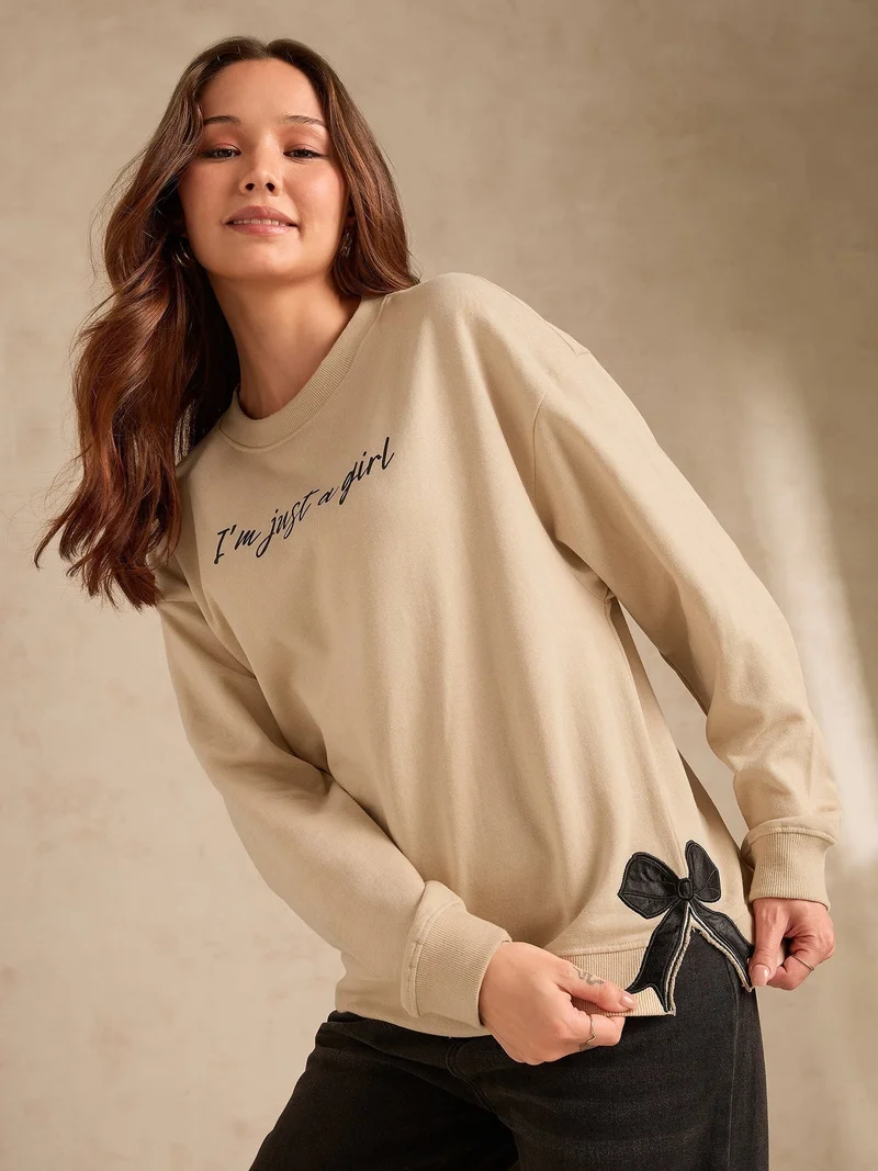 Outzidr Beige Typographic Bow Sweatshirt