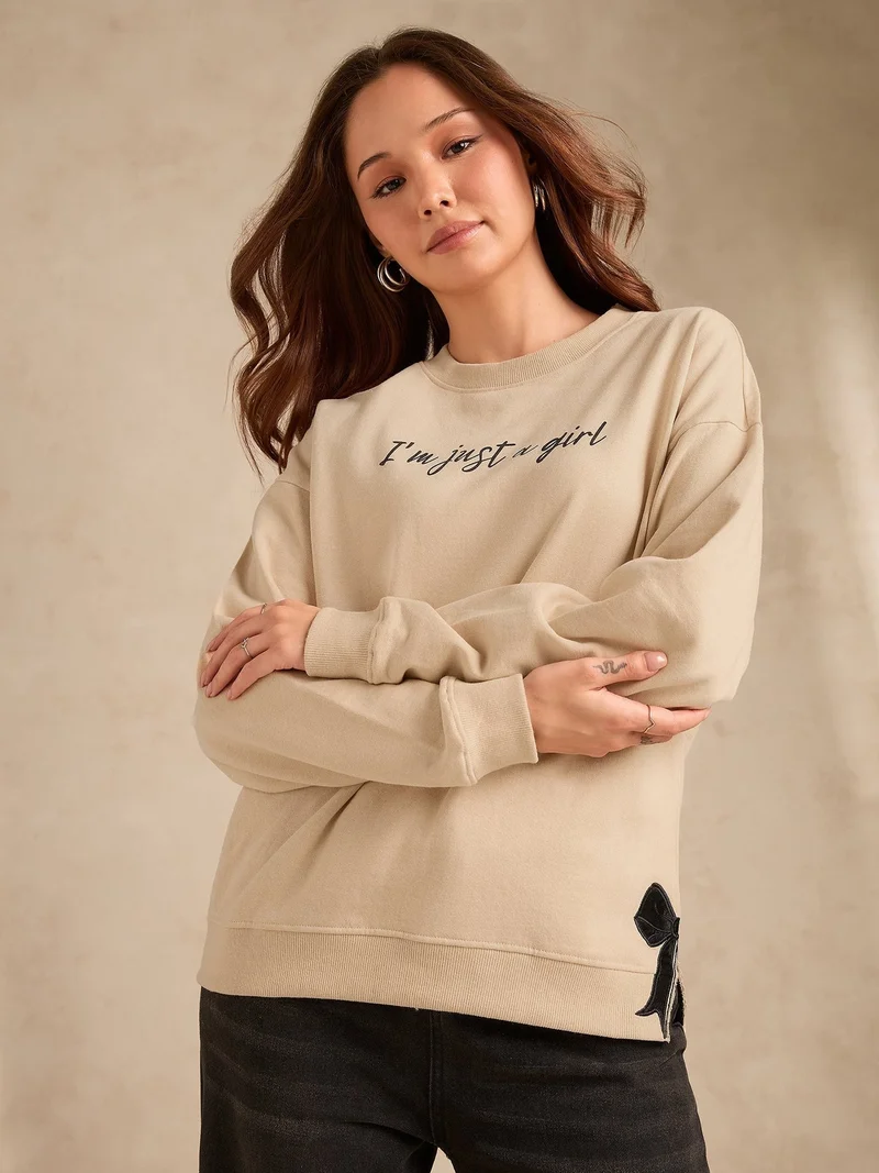 Outzidr Beige Typographic Bow Sweatshirt