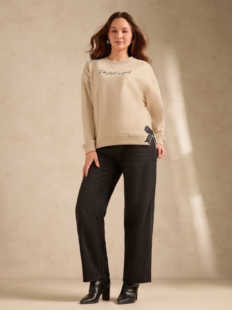 Outzidr  Beige Typographic Bow Sweatshirt for Women | Best Price UAE