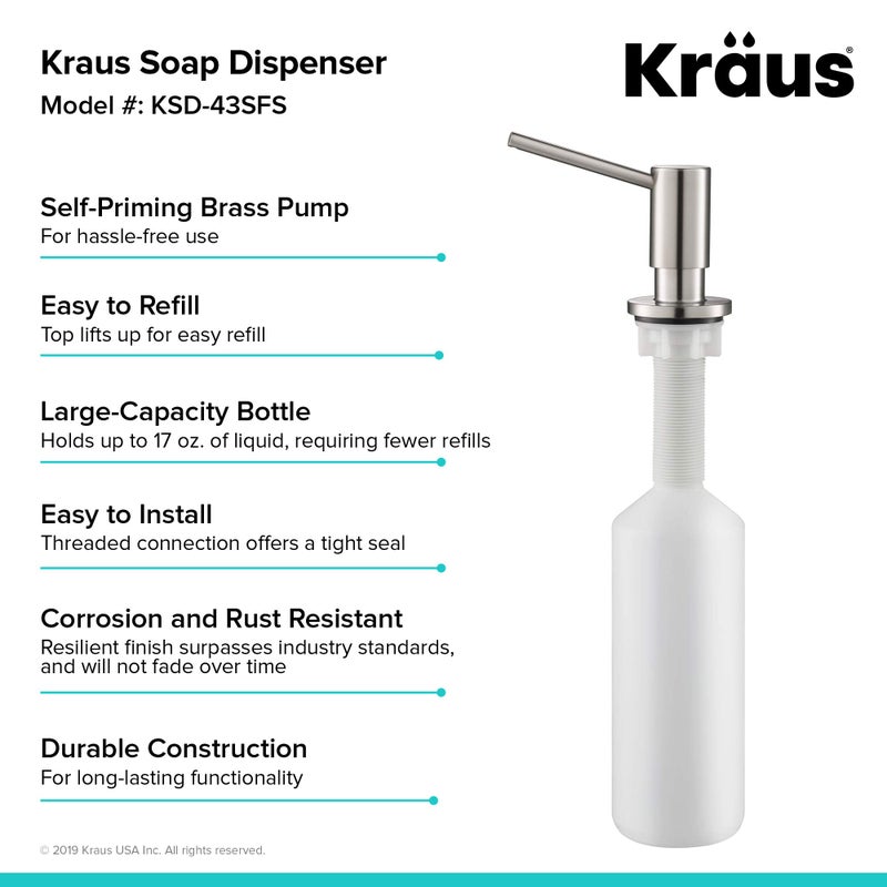 Kraus موزع صابون ومرطب كراوس للمطبخ من الفولاذ المقاوم للصدأ الخالي من البقع، KSD-43SFS - Image 3