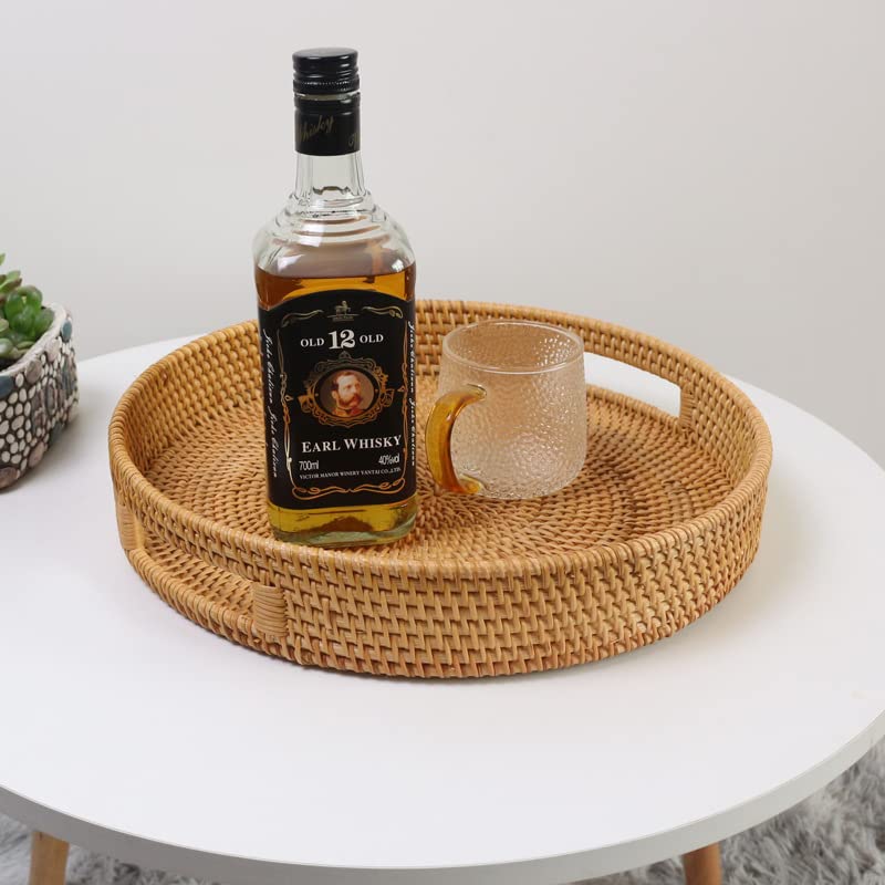 DECRAFTS Coffee Table Tray Round Rattan Ottoman Tray Woven Serving Trays with Handles for Home and Kitchen Decorative Natural (Large 16.9 inch) - Image 4