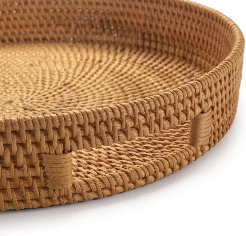 DECRAFTS Coffee Table Tray Round Rattan Ottoman Tray Woven Serving Trays with Handles for Home and Kitchen Decorative Natural (Large 16.9 inch) - Image 2