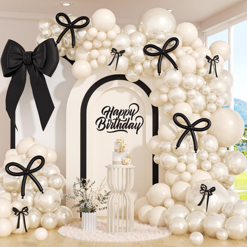 Leraqertra Bow Pearl White Balloon Arch Kit with White Pearl Balloons for Engagement Bridal Shower Wedding Black Bow Birthday Party Decorations - Image 3