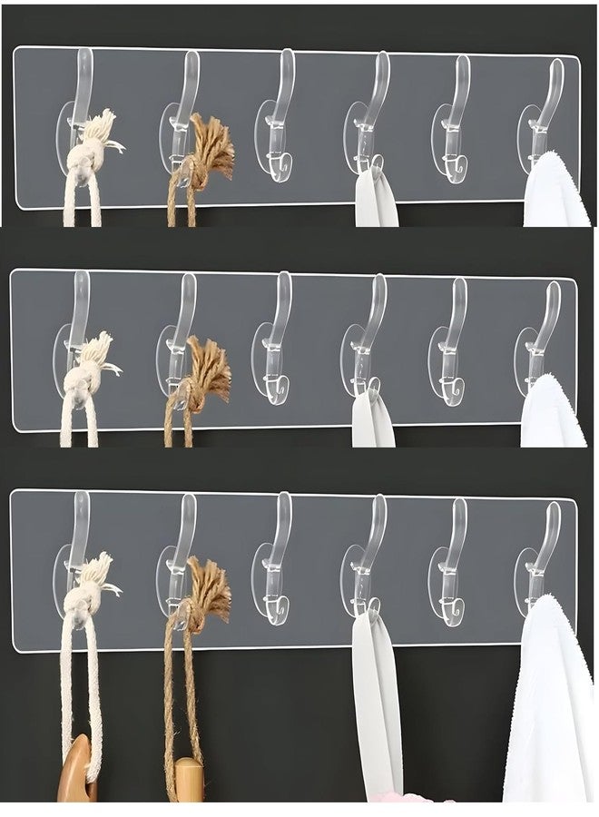 MORVIKA (Pack of 3) 6 in 1 Self Adhesive Wall Hooks, Heavy Duty Sticky Hooks for Hanging, Waterproof Transparent Adhesive Hooks for Wall, Wall Hangers for Hanging Kitchen Bathroom Bedroom Accessories - Image 1