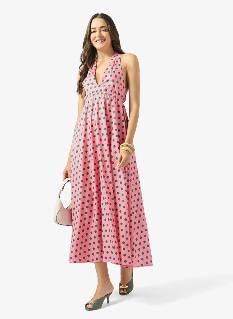 Ginger  Halter Neck Polka Dot A Line Dress for Women | Best Price UAE
