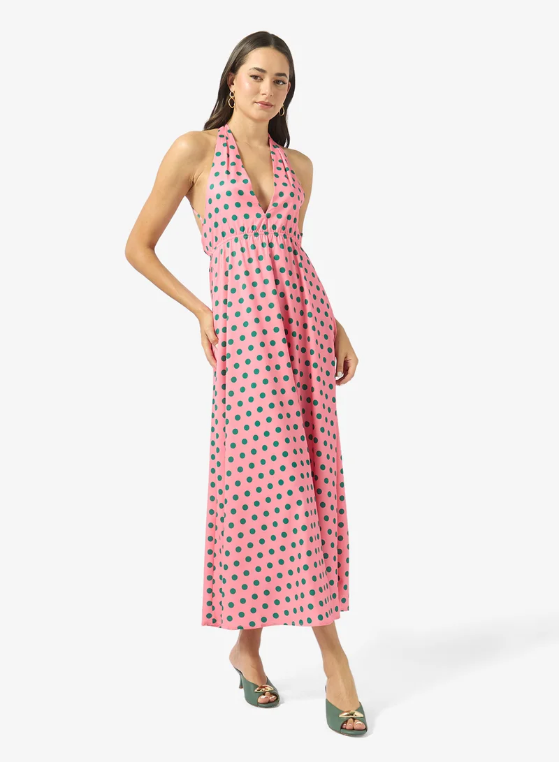 Halter Neck Polka Dot A Line Dress