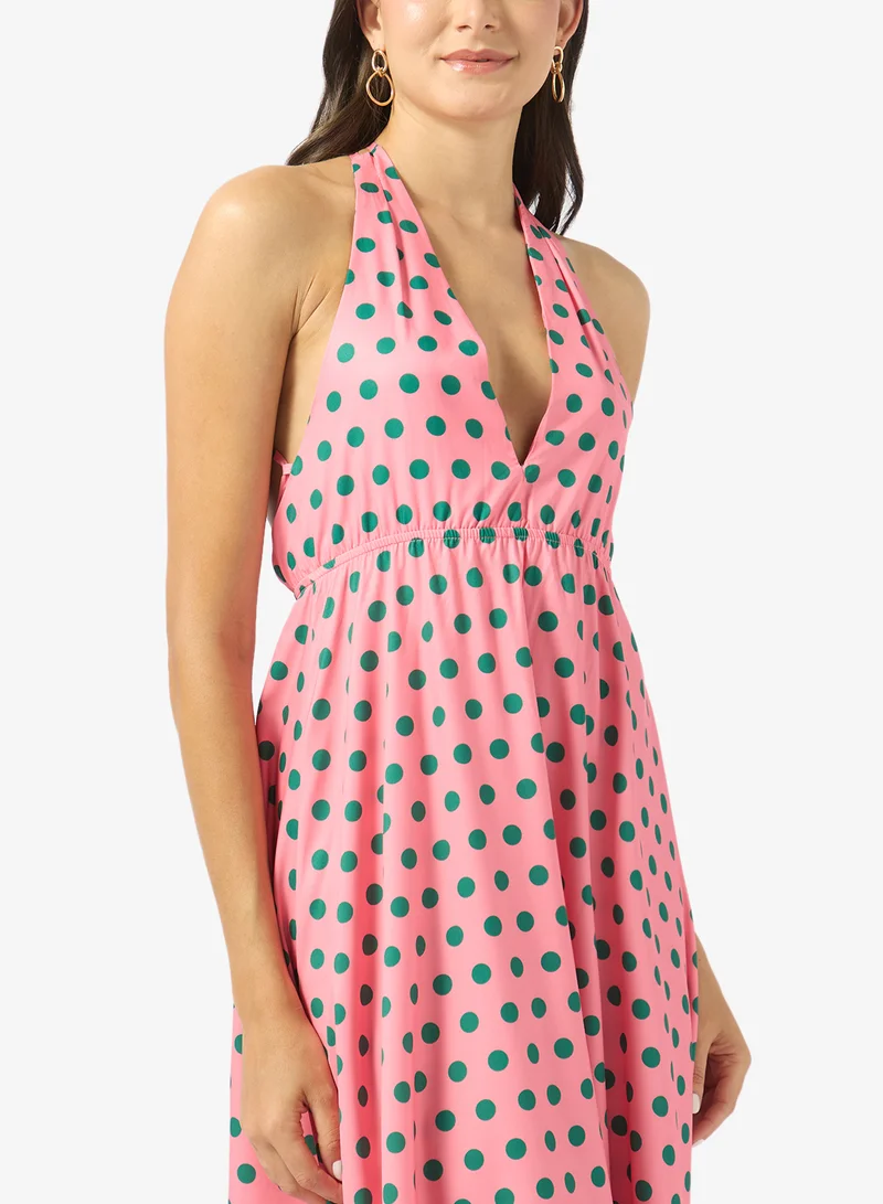 Ginger  Halter Neck Polka Dot A Line Dress for Women | Best Price UAE