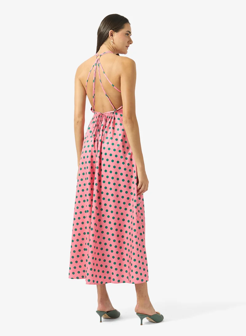 Ginger  Halter Neck Polka Dot A Line Dress for Women | Best Price UAE