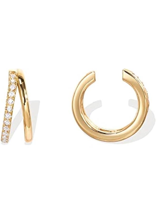 PAVOI 925 Sterling Silver 14K Gold Plated Cubic Zirconia Sparkling Round Huggie Ear Cuff Gold Earrings for Women | Clip On Cartilage - Image 1