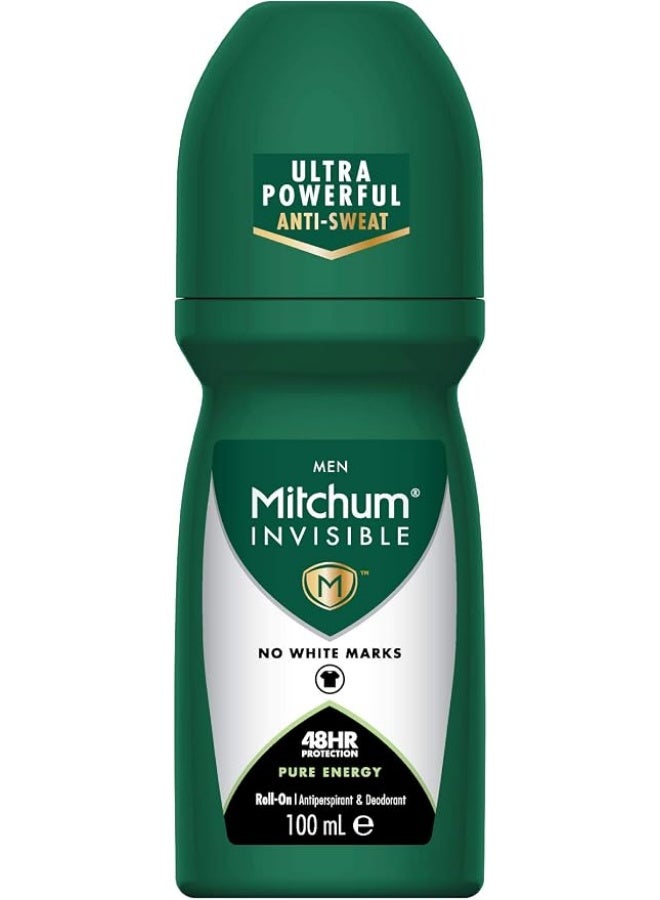 Mitchum Invisible Men 48HR Protection Roll On Anti-Perspirant & Deodorant, No White Marks, Alcohol Free, Pure Energy 100 ml 7246640000
