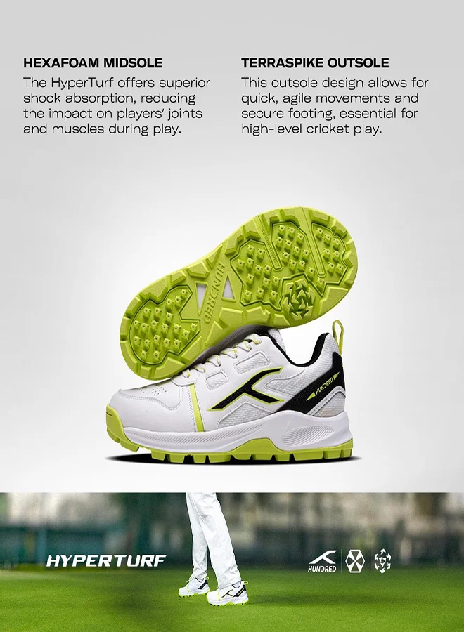 HUNDRED Hyperturf Cricket Shoes | Terraspike Rubber Studs | Embedded Support Plate For Stability | Lightweight & Durable | Ideal For Turf, Ground & Hard Surfaces (White/Lime/Black ; Uk 4)