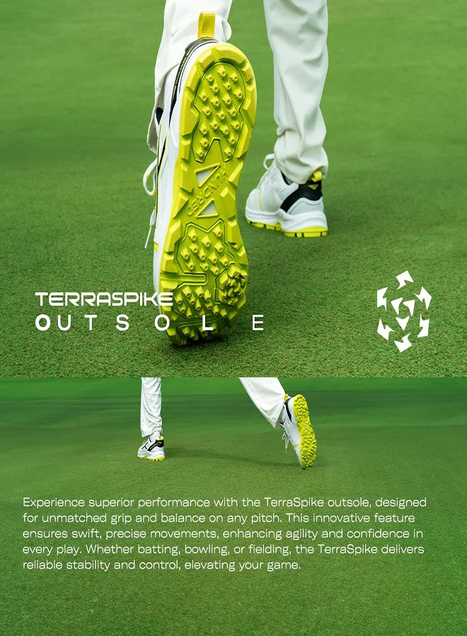 HUNDRED Hyperturf Cricket Shoes | Terraspike Rubber Studs | Embedded Support Plate For Stability | Lightweight & Durable | Ideal For Turf, Ground & Hard Surfaces (White/Lime/Black ; Uk 4)