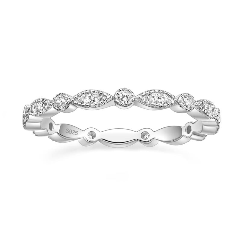 EAMTI 925 Sterling Silver Wedding Band for Women Cubic Zirconia Marquise & Round Milgrain Full Eternity Stackable Ring Size 7 - Image 1