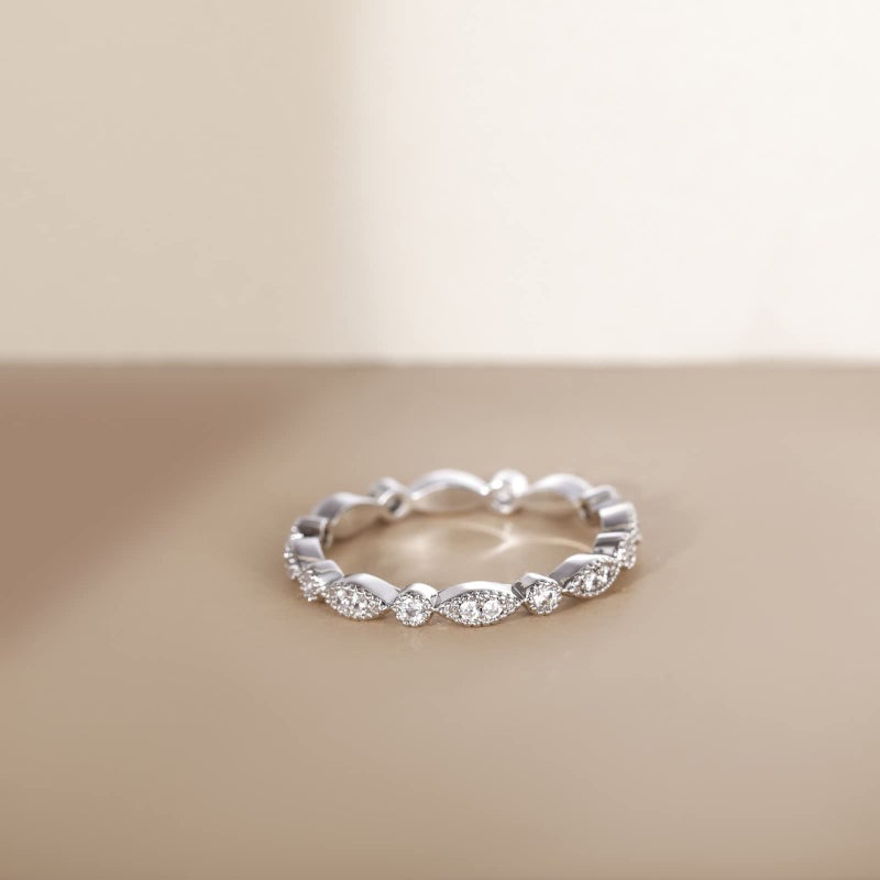 EAMTI 925 Sterling Silver Wedding Band for Women Cubic Zirconia Marquise & Round Milgrain Full Eternity Stackable Ring Size 7 - Image 2