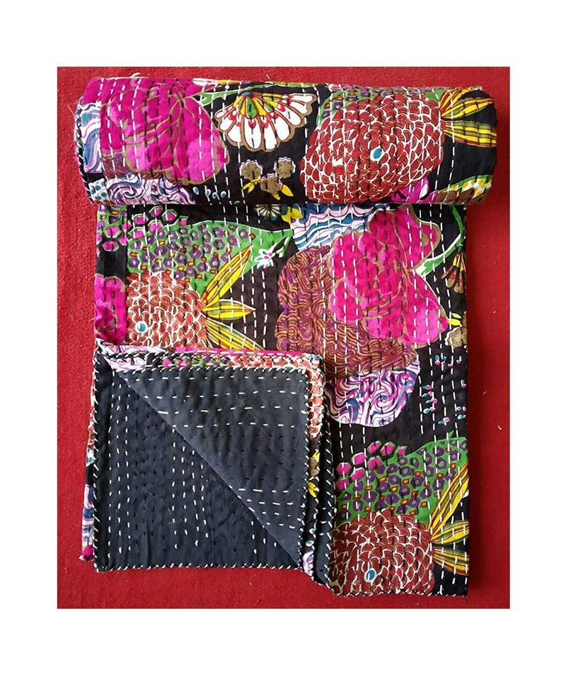KHATUNI Creation and Handicraft Handmade Quilt Cotton Kantha Bed Cover Home Decor Multicolour 60x90 Inch - Image 2
