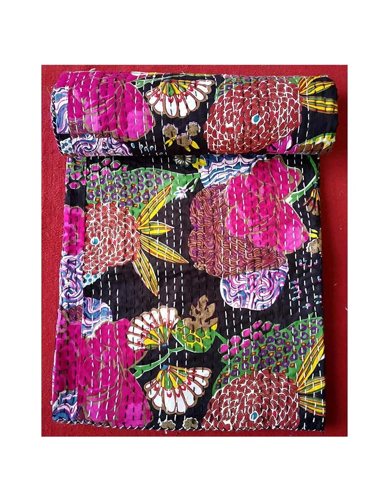 KHATUNI Creation and Handicraft Handmade Quilt Cotton Kantha Bed Cover Home Decor Multicolour 60x90 Inch - Image 1
