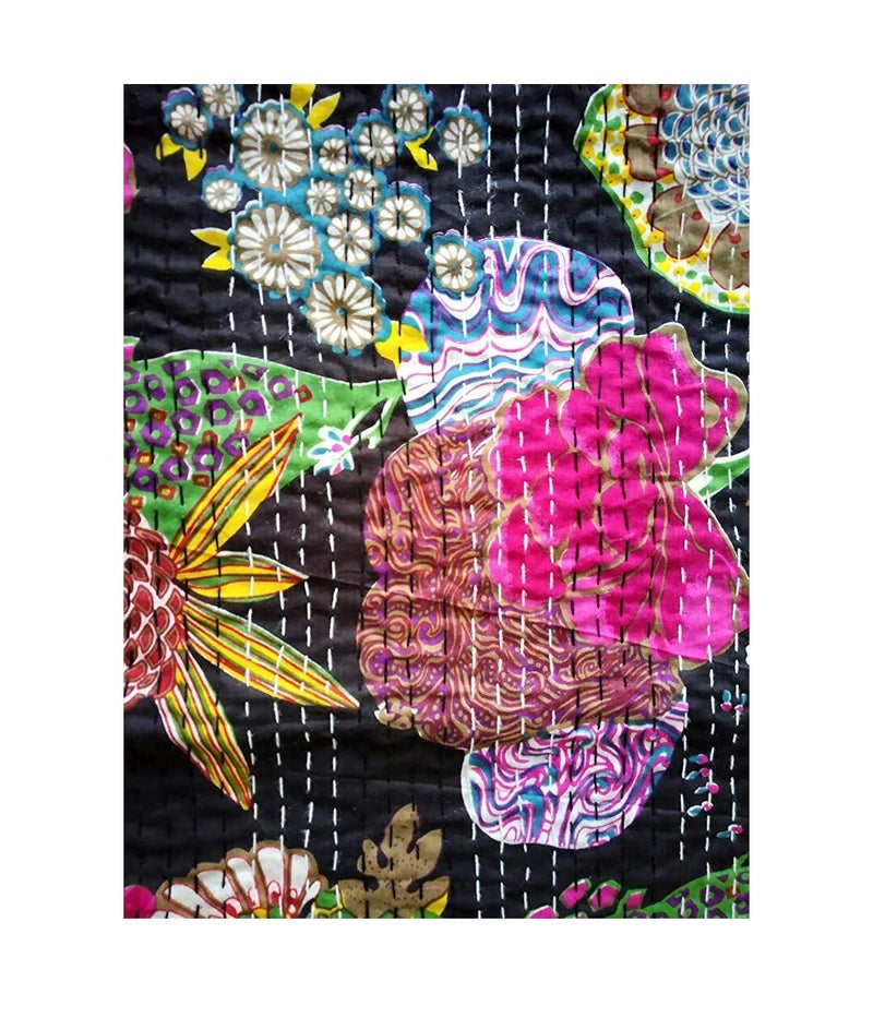 KHATUNI Creation and Handicraft Handmade Quilt Cotton Kantha Bed Cover Home Decor Multicolour 60x90 Inch - Image 5