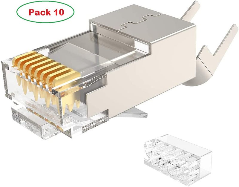 TECH-X RJ45 Cat7 & Cat6A Crimping Connectors plug - Pack 10, 50U Nickel Plated 3 Prong Shielded FTP/STP External Ground for 23 AWG (0.573mm) Network Cable, Metal Shielded, RJ45 8P8C Modular Plug