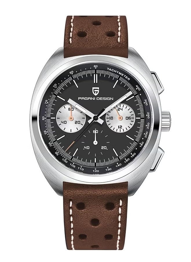 PAGANI DESIGN - Men's Quartz Retro Watches, Sports Chronograph Waterproof Fitness, AR Synthetic Sapphire VK63 Movement, Brown Strap, Black Dial - Image 1