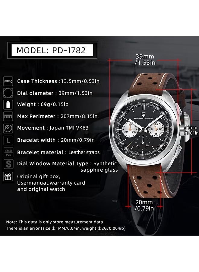 PAGANI DESIGN - Men's Quartz Retro Watches, Sports Chronograph Waterproof Fitness, AR Synthetic Sapphire VK63 Movement, Brown Strap, Black Dial - Image 1