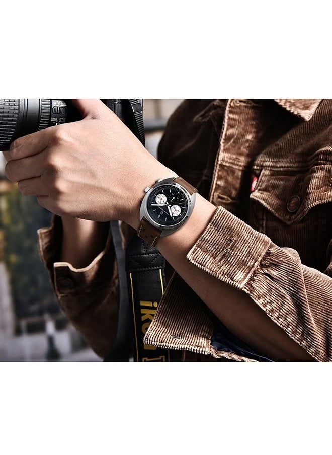PAGANI DESIGN - Men's Quartz Retro Watches, Sports Chronograph Waterproof Fitness, AR Synthetic Sapphire VK63 Movement, Brown Strap, Black Dial - Image 1