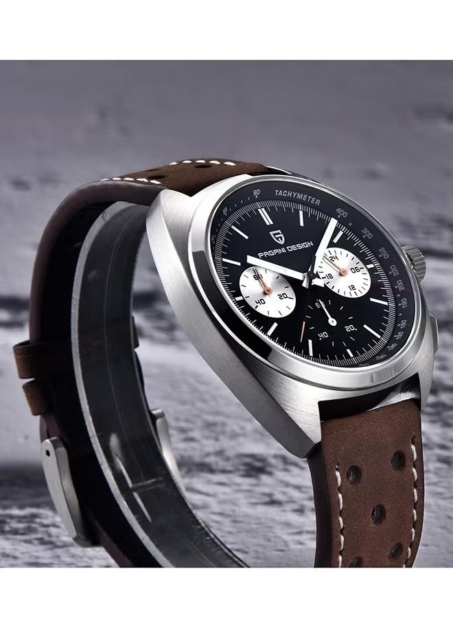 PAGANI DESIGN - Men's Quartz Retro Watches, Sports Chronograph Waterproof Fitness, AR Synthetic Sapphire VK63 Movement, Brown Strap, Black Dial - Image 1