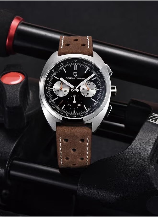PAGANI DESIGN - Men's Quartz Retro Watches, Sports Chronograph Waterproof Fitness, AR Synthetic Sapphire VK63 Movement, Brown Strap, Black Dial - Image 1