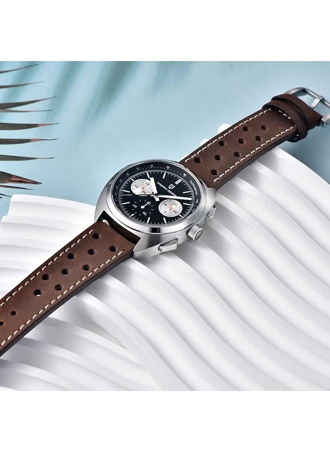 PAGANI DESIGN - Men's Quartz Retro Watches, Sports Chronograph Waterproof Fitness, AR Synthetic Sapphire VK63 Movement, Brown Strap, Black Dial - Image 1