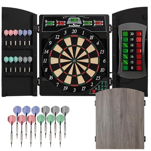 Arachnid Cricket Maxx 4.0 Electronic Dartboard Cabinet Set - Stylish Woodgrain Doors - 37 Game Types with 217 Variations - Heckler Feature + Solo Play - Includes Six Soft Tip Darts - Image 1