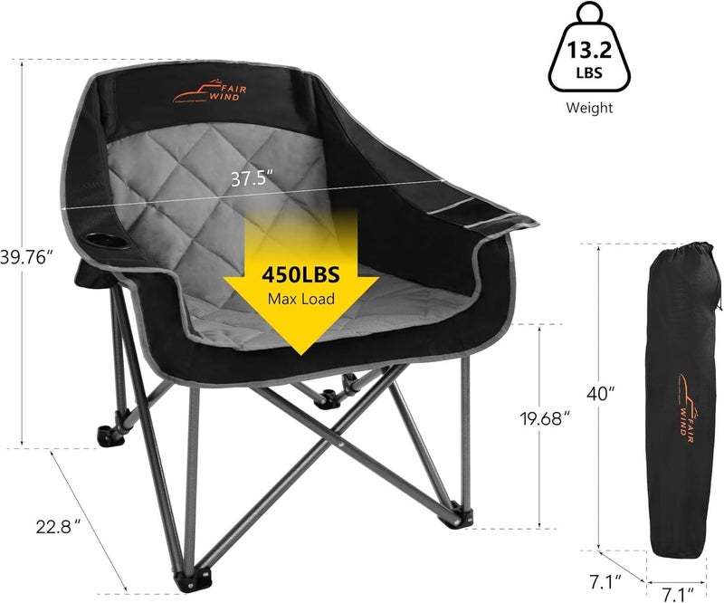 FAIR WIND 2 Pack Oversized Padded Camping Chair Heavy Duty Quad Fold Arm Chair Portable for Outdoor - Support 450LBS, Black - Image 2