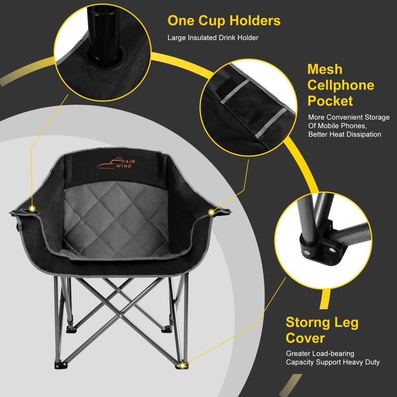 FAIR WIND 2 Pack Oversized Padded Camping Chair Heavy Duty Quad Fold Arm Chair Portable for Outdoor - Support 450LBS, Black - Image 4