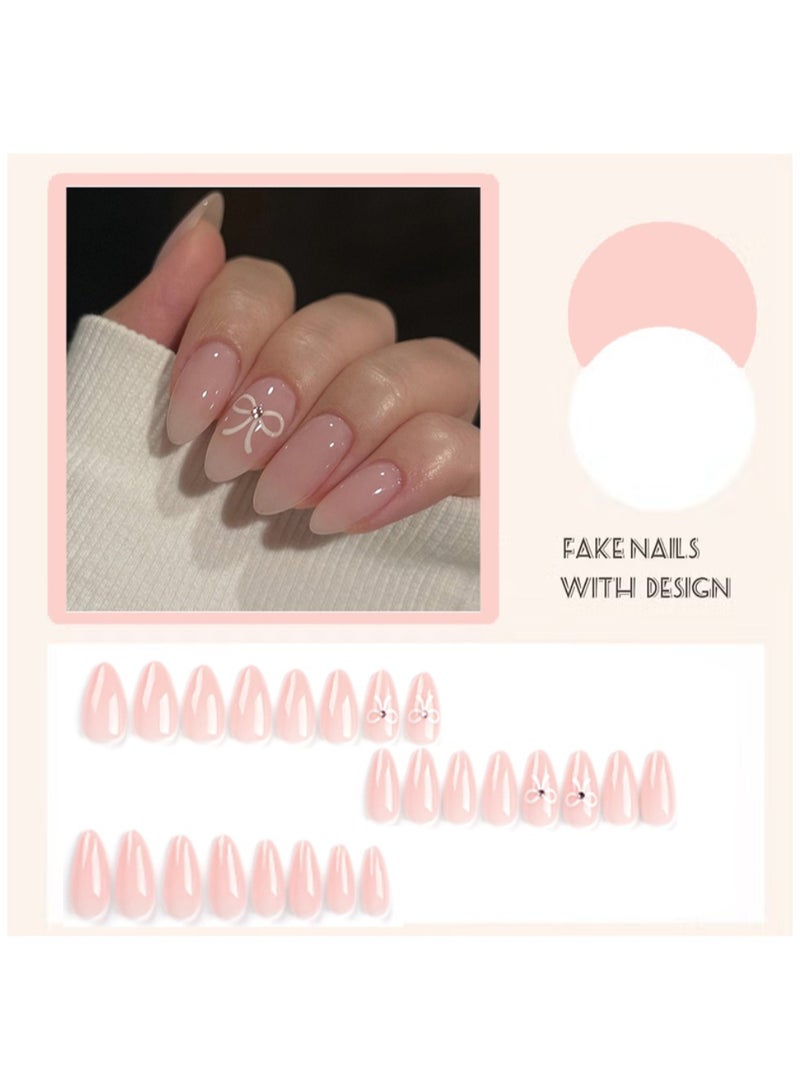 Captaintech Press On Nails Simple White Bow Tie Wearing Armor, Short Nude Ins-style Nail Art，24Pcs - Image 2
