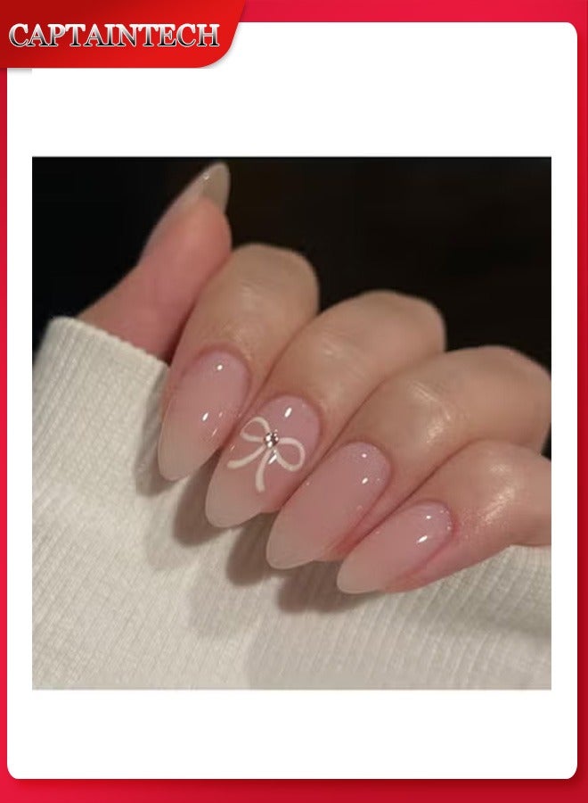 Captaintech Press On Nails Simple White Bow Tie Wearing Armor, Short Nude Ins-style Nail Art，24Pcs - Image 1