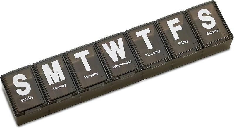 MEDca Weekly Pill Organizer - Extra Large with Easy to Read Jumbo Letters Vitamin Container, BPA Free - Daily Travel 7 Day Medication Pill Box Case, (Black) - Image 1