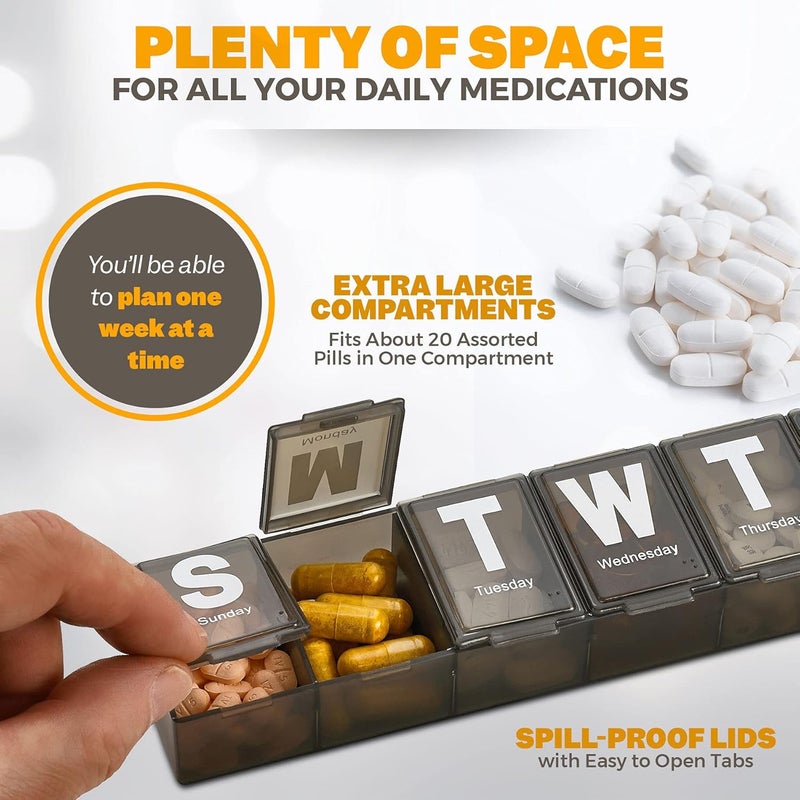 MEDca Weekly Pill Organizer - Extra Large with Easy to Read Jumbo Letters Vitamin Container, BPA Free - Daily Travel 7 Day Medication Pill Box Case, (Black) - Image 3
